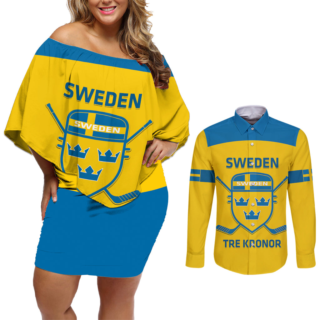 Custom Sweden Hockey Couples Matching Off Shoulder Short Dress and Long Sleeve Button Shirt 2024 Go Swedish - Wonder Print Shop