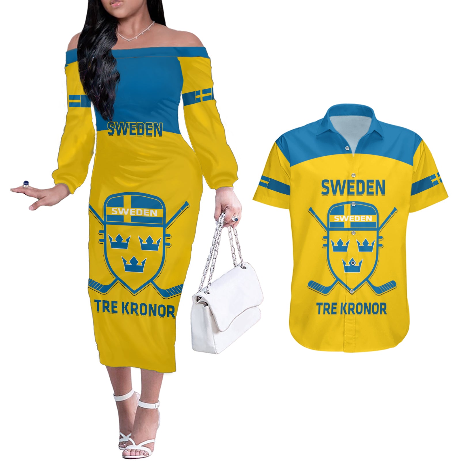 Custom Sweden Hockey Couples Matching Off The Shoulder Long Sleeve Dress and Hawaiian Shirt 2024 Go Swedish - Wonder Print Shop