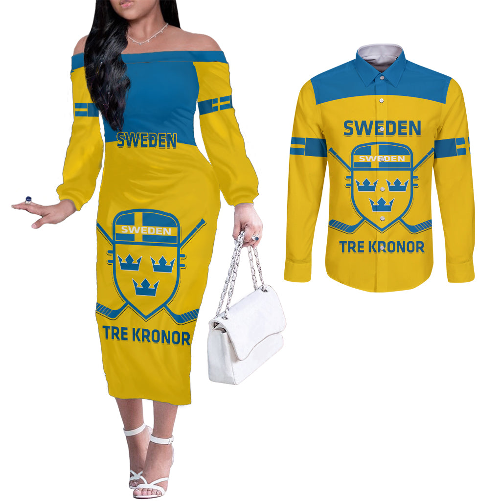 Custom Sweden Hockey Couples Matching Off The Shoulder Long Sleeve Dress and Long Sleeve Button Shirt 2024 Go Swedish