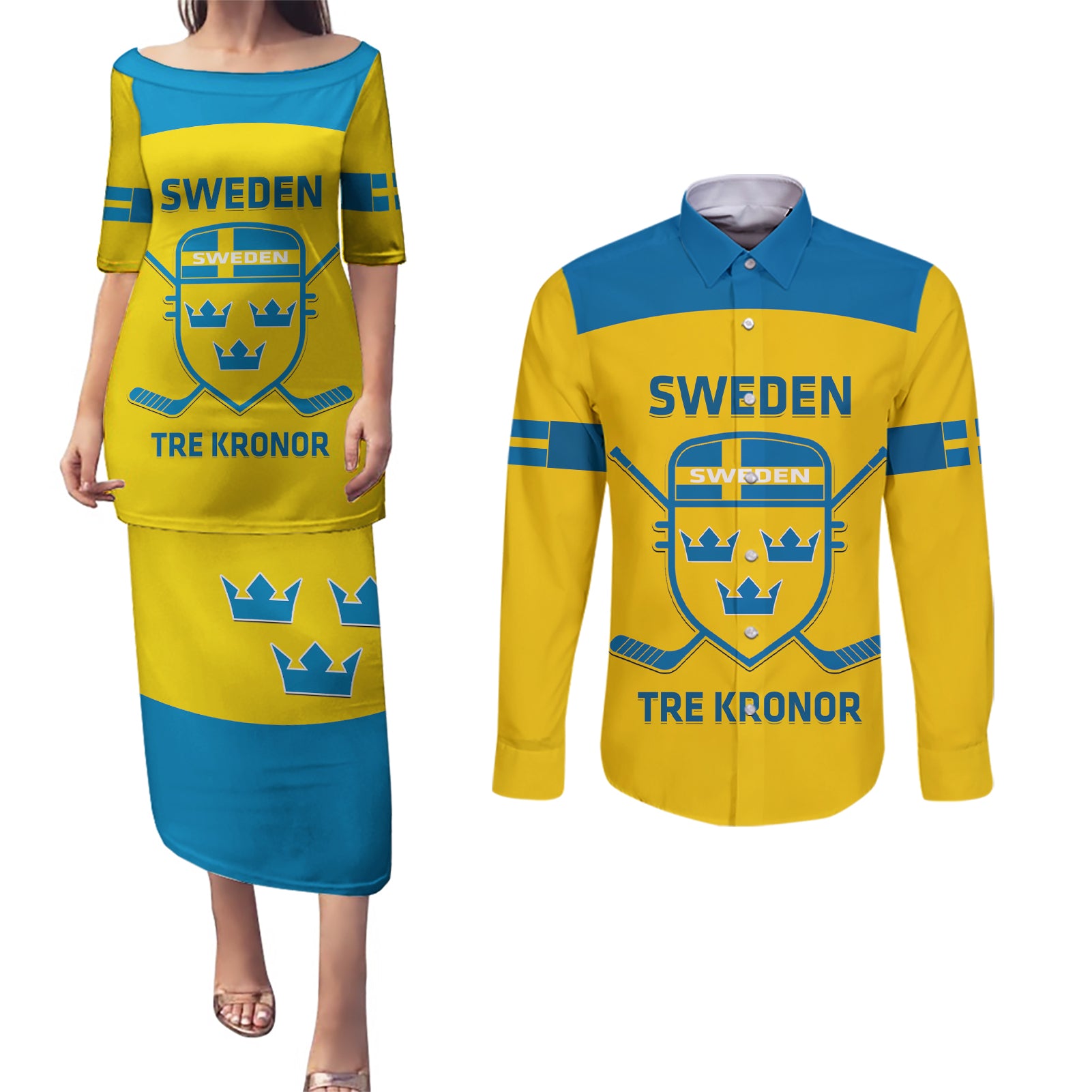 Custom Sweden Hockey Couples Matching Puletasi and Long Sleeve Button Shirt 2024 Go Swedish - Wonder Print Shop