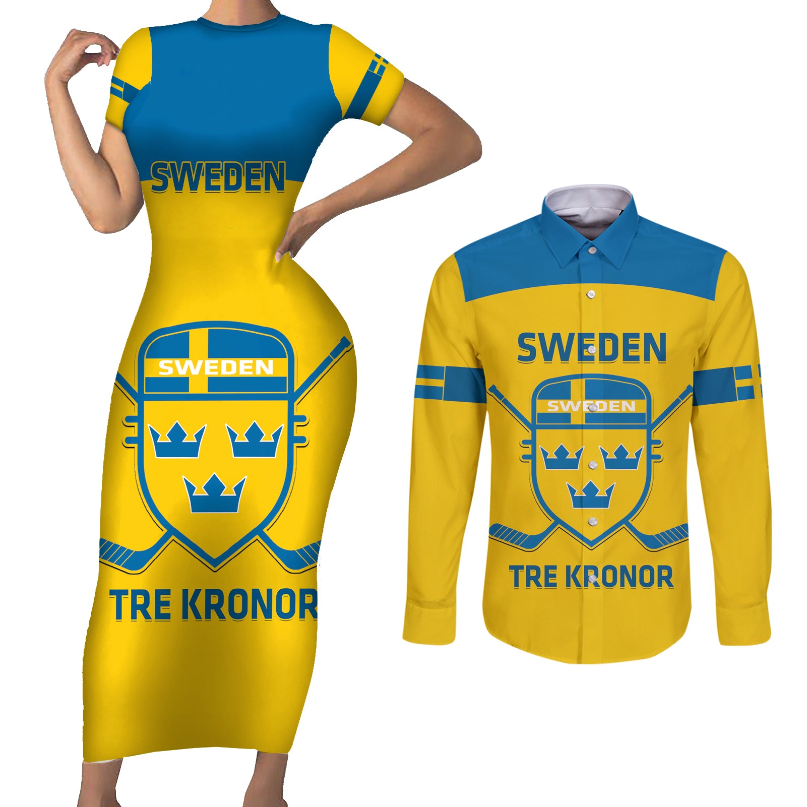 Custom Sweden Hockey Couples Matching Short Sleeve Bodycon Dress and Long Sleeve Button Shirt 2024 Go Swedish - Wonder Print Shop