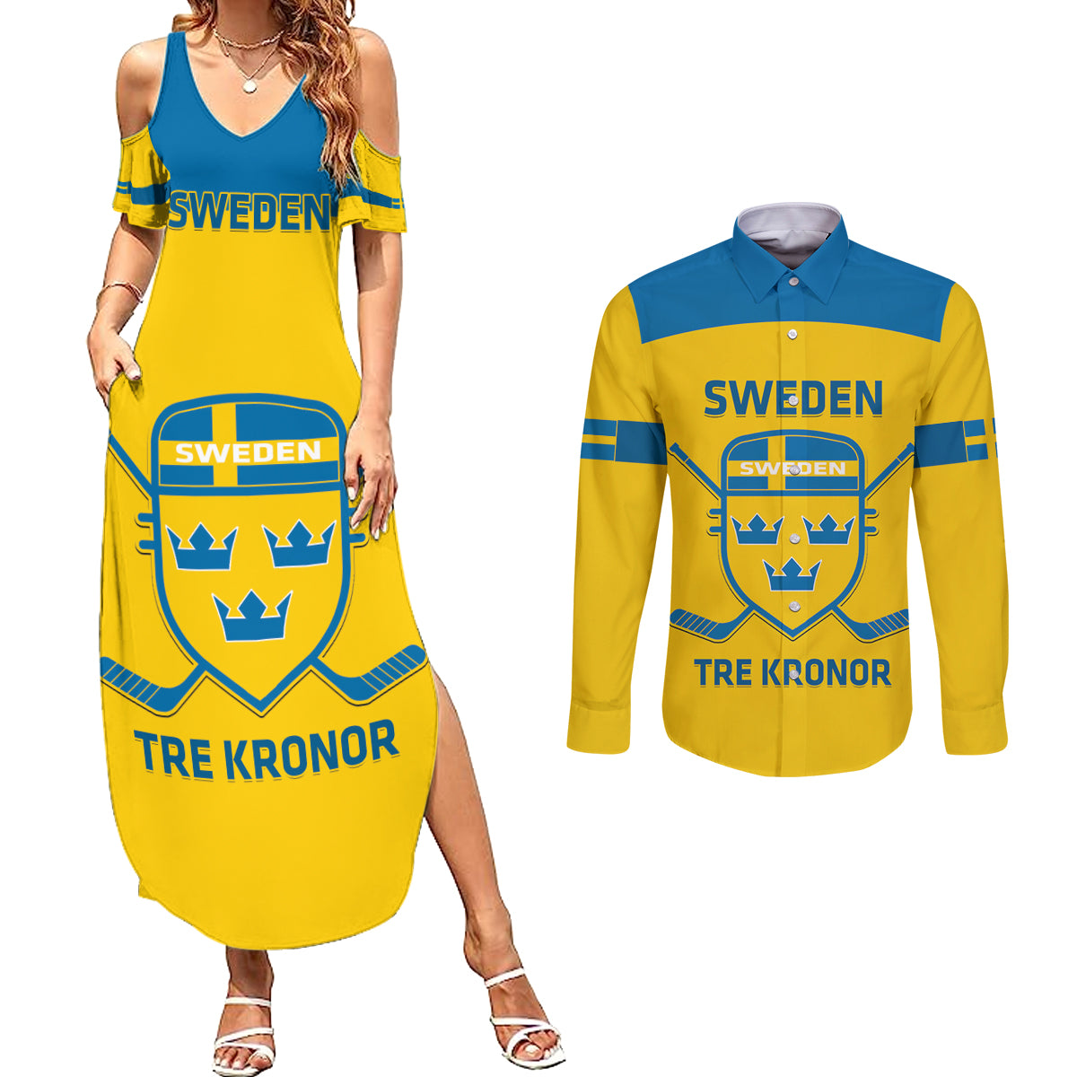 Custom Sweden Hockey Couples Matching Summer Maxi Dress and Long Sleeve Button Shirt 2024 Go Swedish - Wonder Print Shop