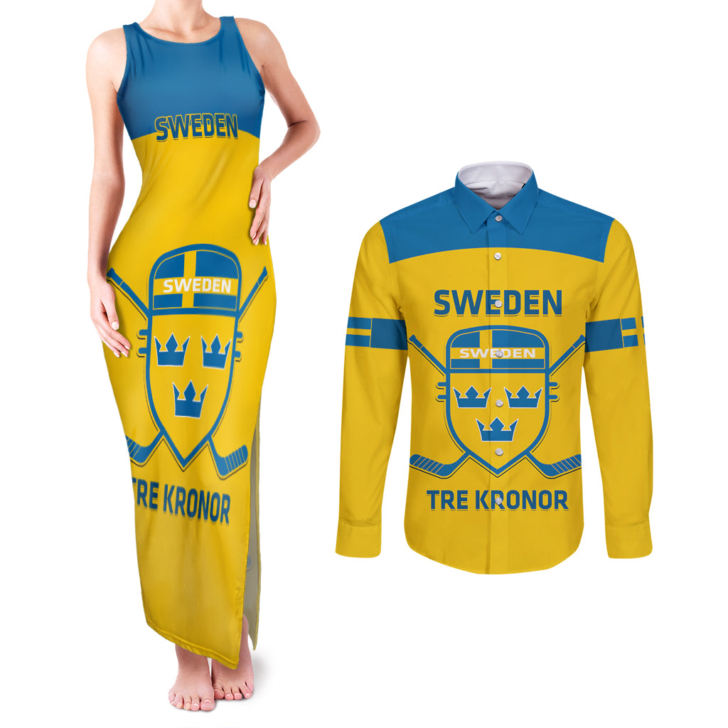 Custom Sweden Hockey Couples Matching Tank Maxi Dress and Long Sleeve Button Shirt 2024 Go Swedish - Wonder Print Shop