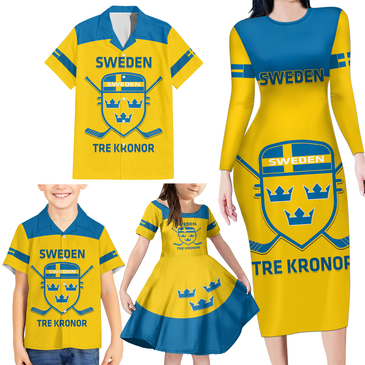 Custom Sweden Hockey Family Matching Long Sleeve Bodycon Dress and Hawaiian Shirt 2024 Go Swedish - Wonder Print Shop