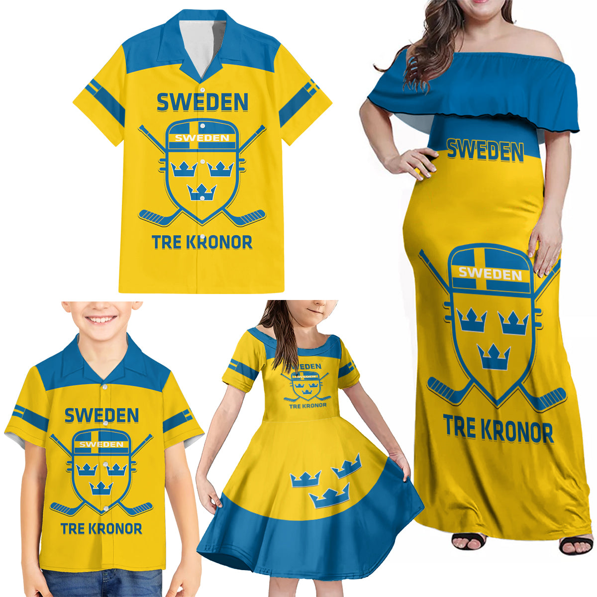 Custom Sweden Hockey Family Matching Off Shoulder Maxi Dress and Hawaiian Shirt 2024 Go Swedish - Wonder Print Shop