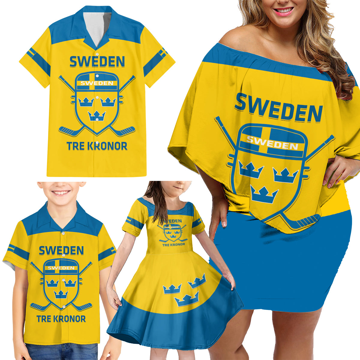 Custom Sweden Hockey Family Matching Off Shoulder Short Dress and Hawaiian Shirt 2024 Go Swedish - Wonder Print Shop