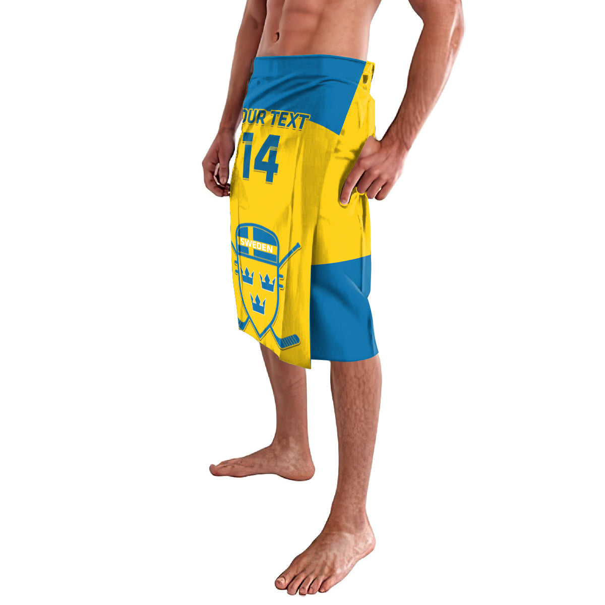 Yellow and blue hockey shorts with YOUR TEXT and number 14