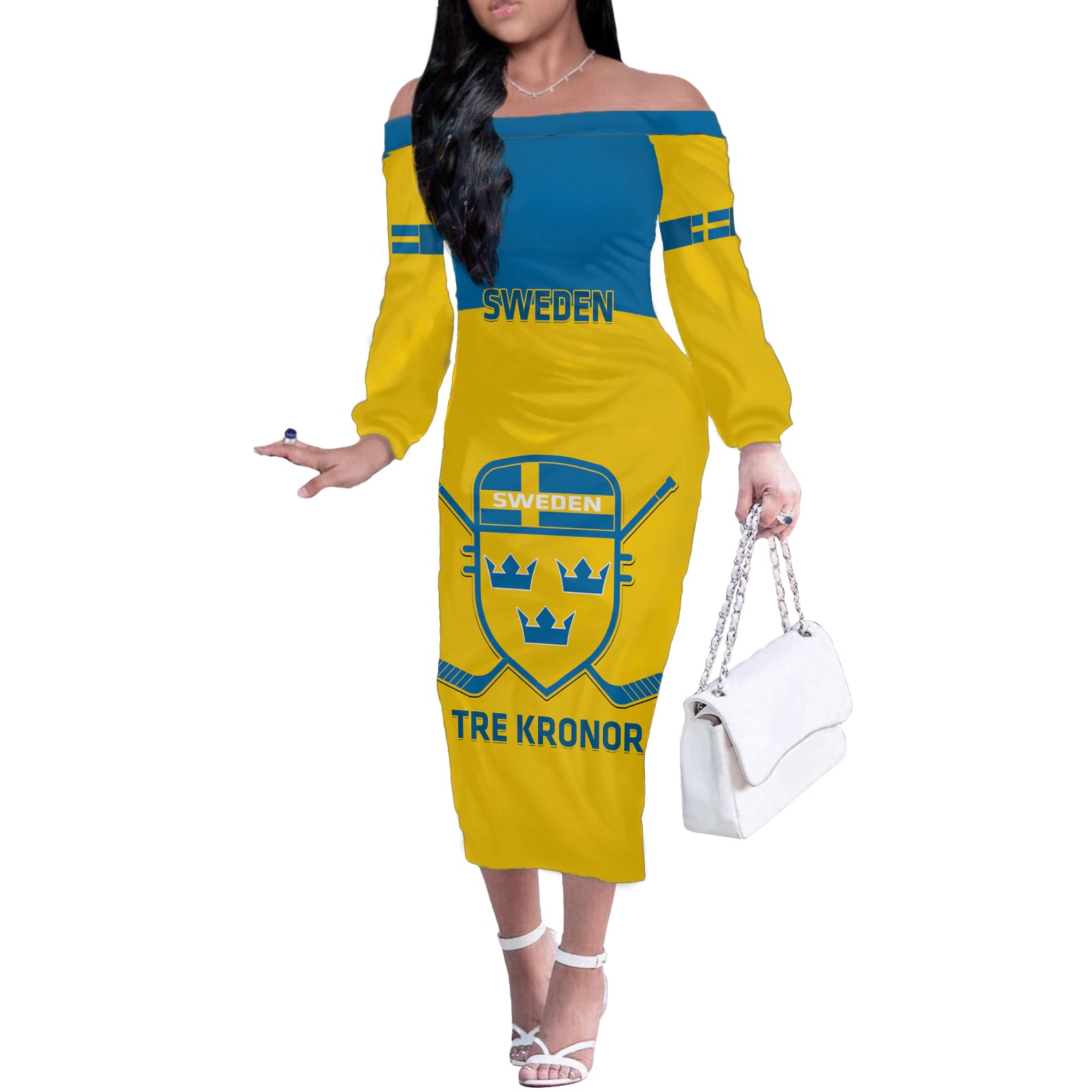 Custom Sweden Hockey Off The Shoulder Long Sleeve Dress 2024 Go Swedish - Wonder Print Shop