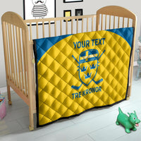 Custom Sweden hockey quilt on crib mattress, blue and yellow design with Sweden crest