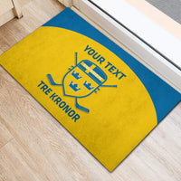 Yellow doormat with blue border and Sweden crest logo, custom text on hockey theme