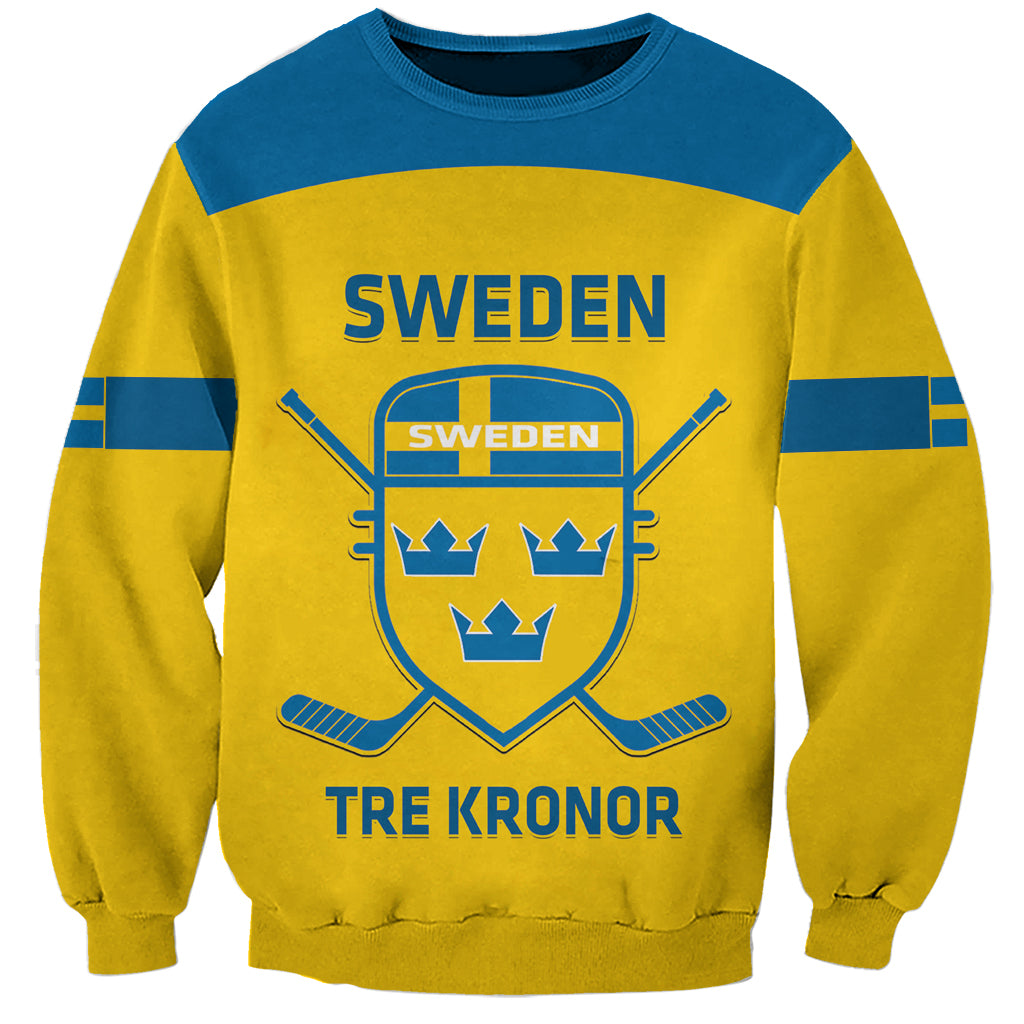 Unisex yellow and blue hockey sweatshirt with Sweden crest front graphic
