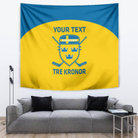 Custom Sweden hockey tapestry wall hanging with blue and yellow crest and “YOUR TEXT”.