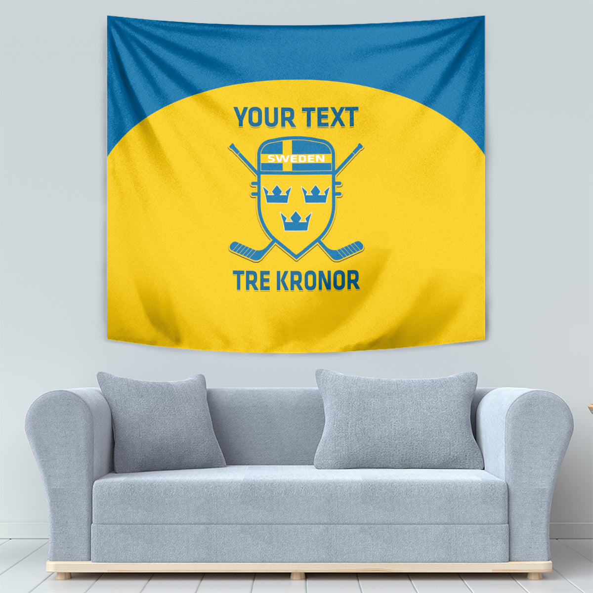 Custom Sweden hockey tapestry wall hanging with blue-and-yellow crest and “YOUR TEXT” text.