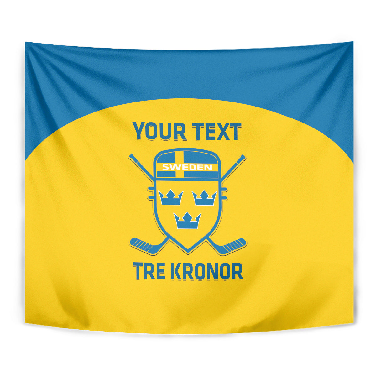Custom Sweden hockey tapestry close-up with blue shield crest on yellow and “YOUR TEXT”.