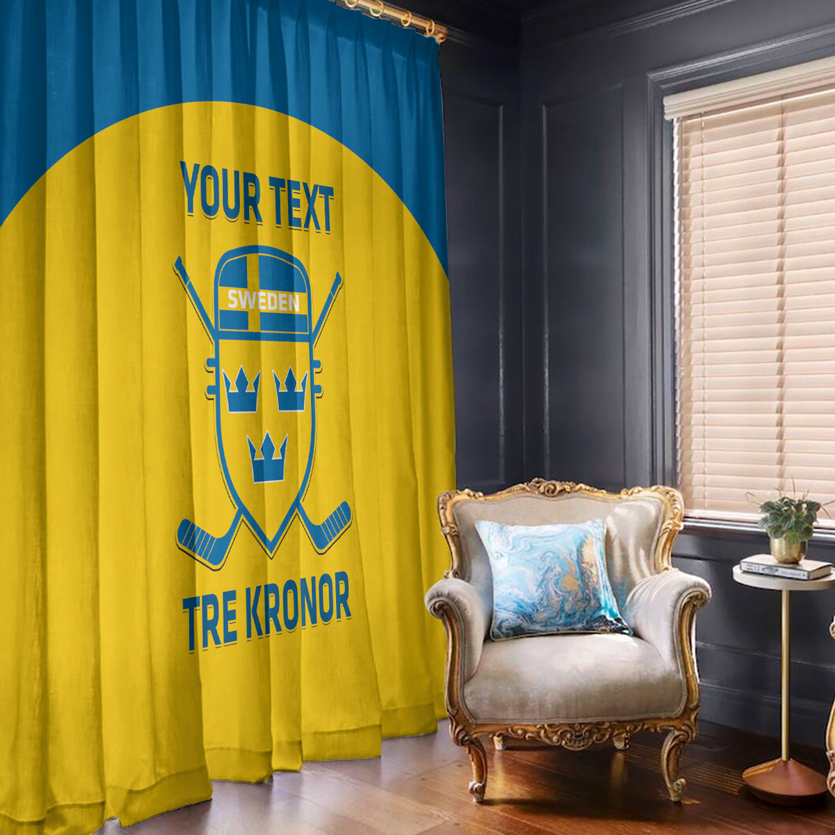 Yellow Sweden hockey curtain with blue shield and hockey sticks, customized text