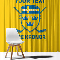 Close-up of yellow custom Sweden hockey window curtain with blue shield logo and text