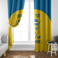 Yellow and blue custom Sweden hockey curtain hanging at a window with shield emblem