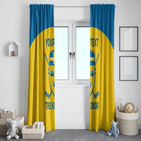Pair of yellow and blue Sweden hockey curtains with shield logo and centered text