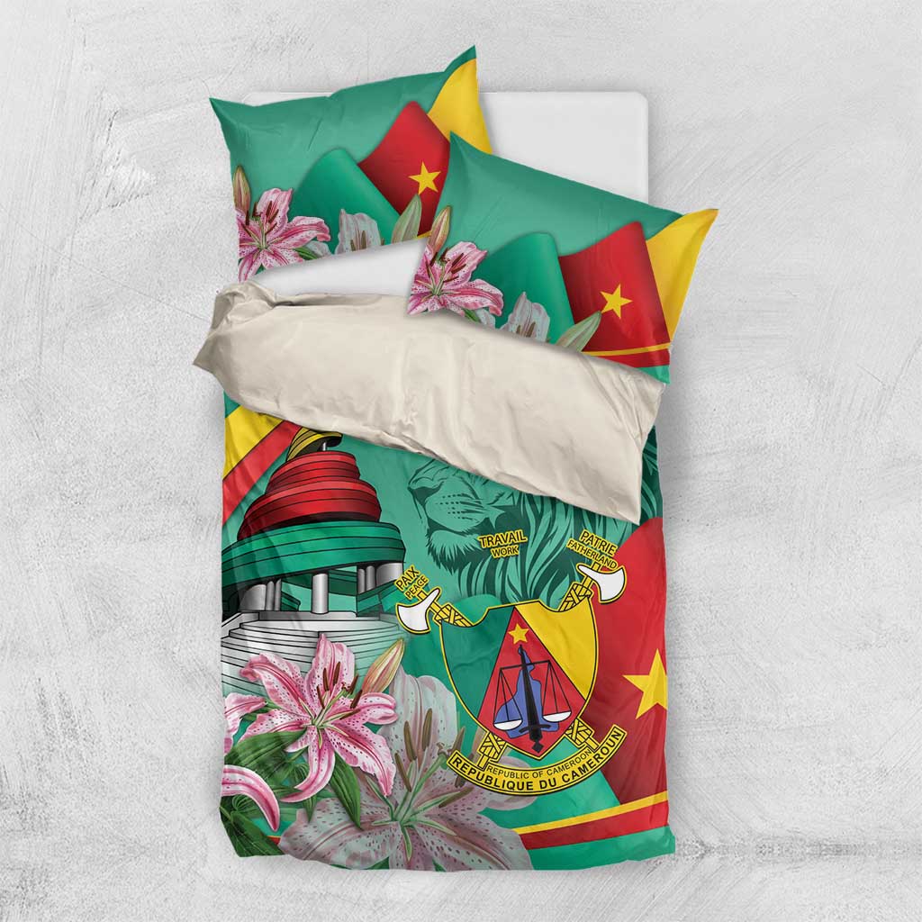 Green bedding set with Cameroon flag design, lion emblem, monument tower, pink lily flowers