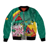 Green bomber jacket with front zipper, ribbed cuffs, and national crest floral print
