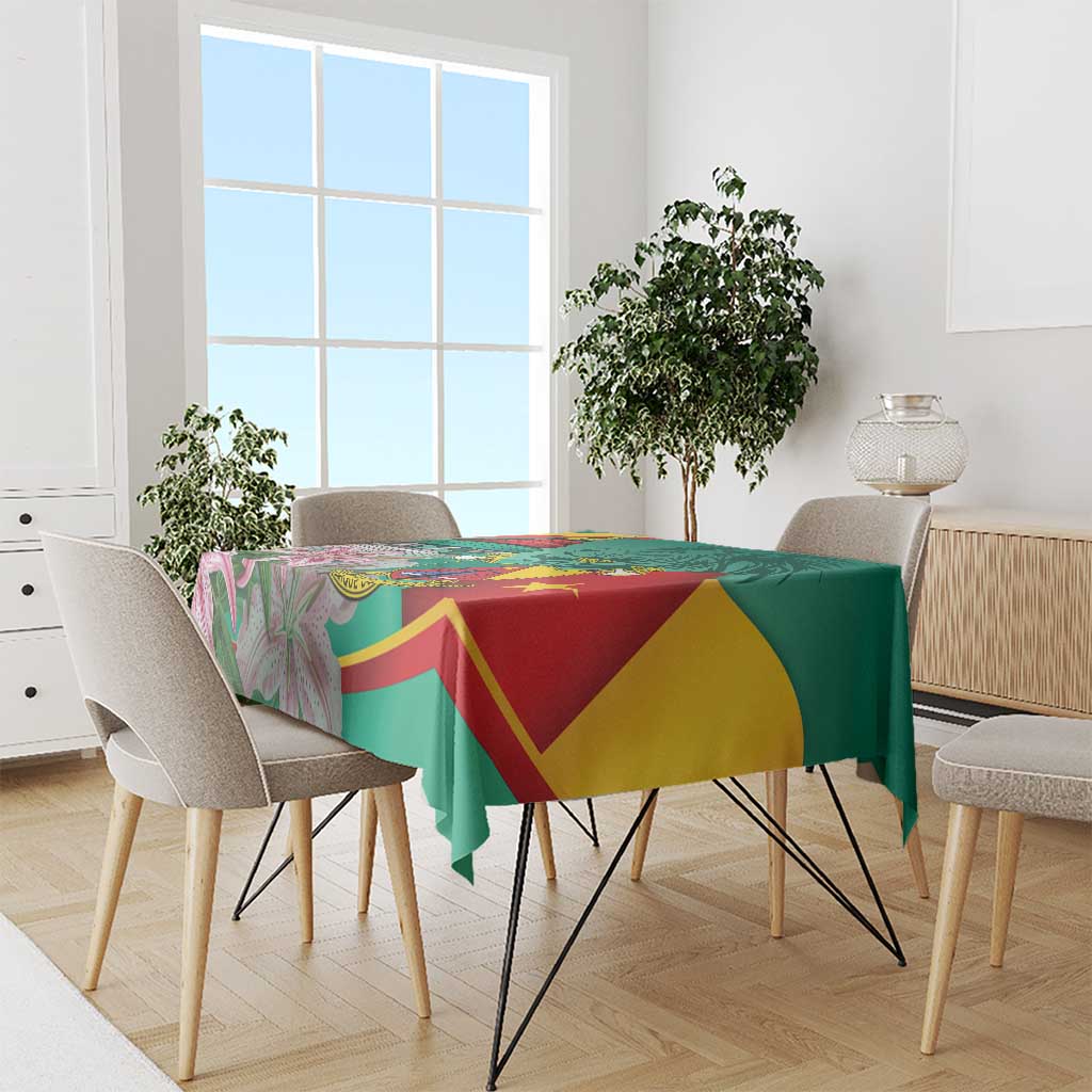 Multicolor flag-pattern tablecloth draped over dining table with corner chairs