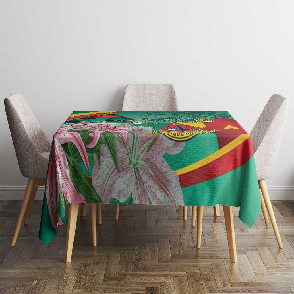 Multicolor tablecloth with green background and pink floral pattern on dining table