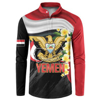 Long-sleeve button sweatshirt with Yemen coat-of-arms and frangipani print, red/black