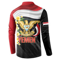 Back view long-sleeve button sweatshirt with Yemen coat-of-arms and frangipani, red/black