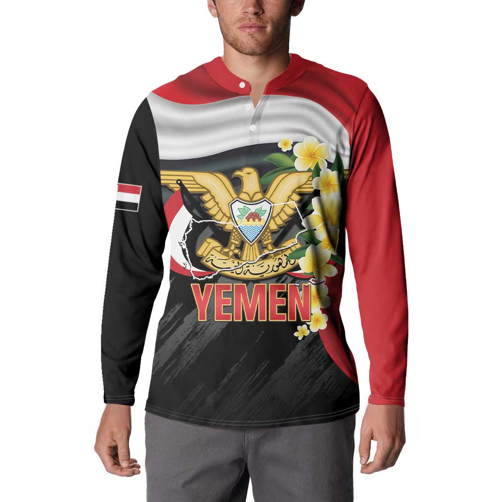Button-front long-sleeve sweatshirt with Yemen coat-of-arms and frangipani, red/black/white
