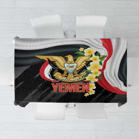 Black Yemen-themed tablecloth with coat of arms, flowers, and Yemen lettering