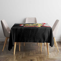 Black Yemen tablecloth for dining table, featuring colorful crest and Yemen text