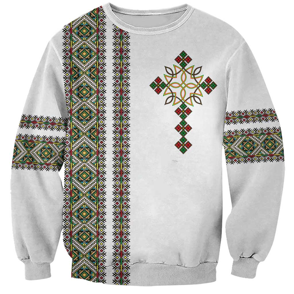 Unisex sweatshirt in light gray with Ethiopian vertical stripe and cross motif print