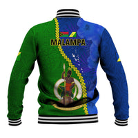 Back view two-tone baseball jacket with ribbed hem and collar; blue-green tapa-style print