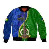 Two-tone green and blue bomber jacket with full zipper and ribbed cuffs
