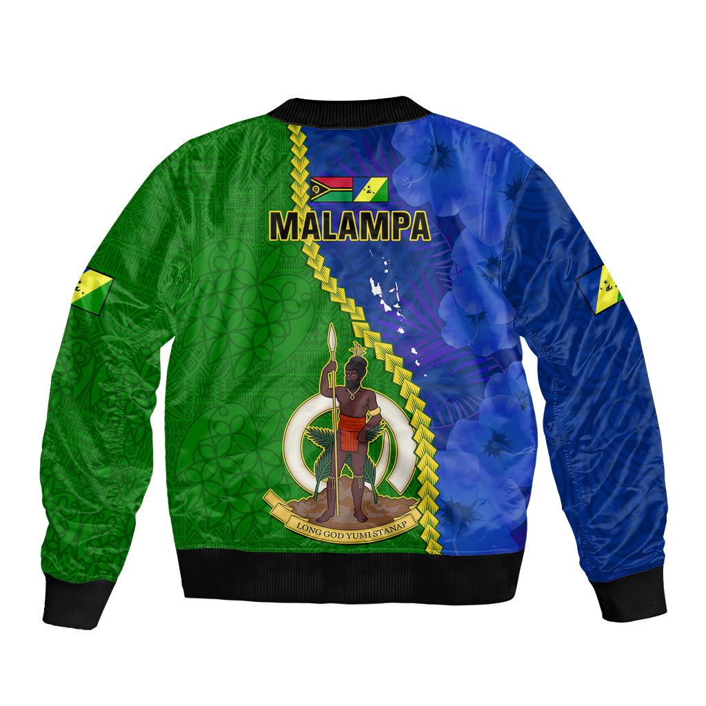 Two-tone green and blue bomber jacket with back graphic and ribbed hem