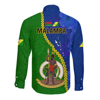 Long sleeve button shirt in green and blue with large central emblem, point collar