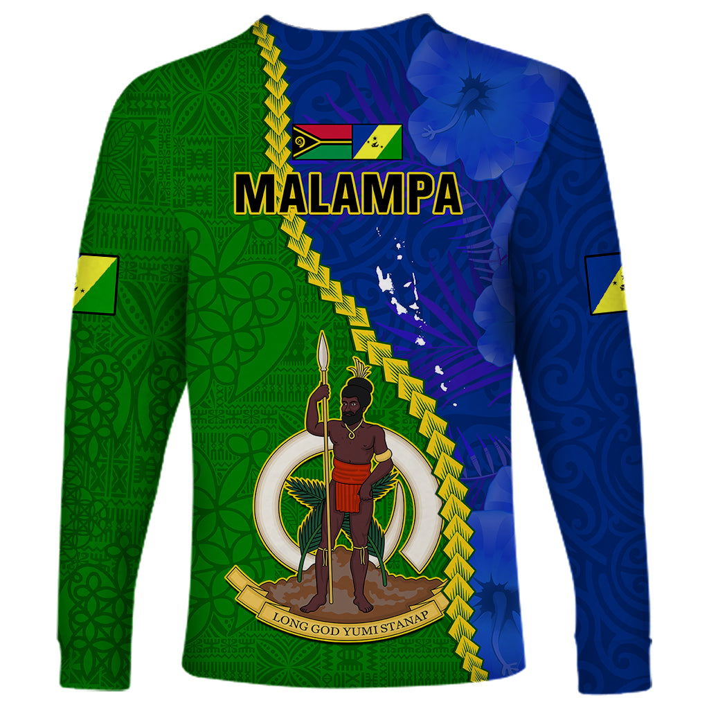 Unisex long-sleeve shirt, green-blue design with 'MALAMPA' text and central figure print