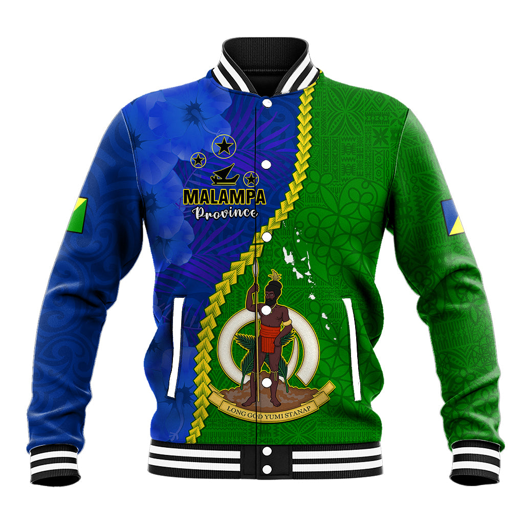 Green and blue color-block baseball jacket with striped collar and bold front emblem
