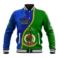 Green and blue color-block baseball jacket with striped collar and bold front emblem