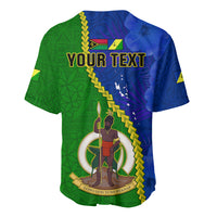 Green and blue baseball jersey with YOUR TEXT header and tapa-style graphic