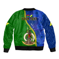 Green and blue bomber jacket with back graphic and placeholder 'YOUR TEXT'