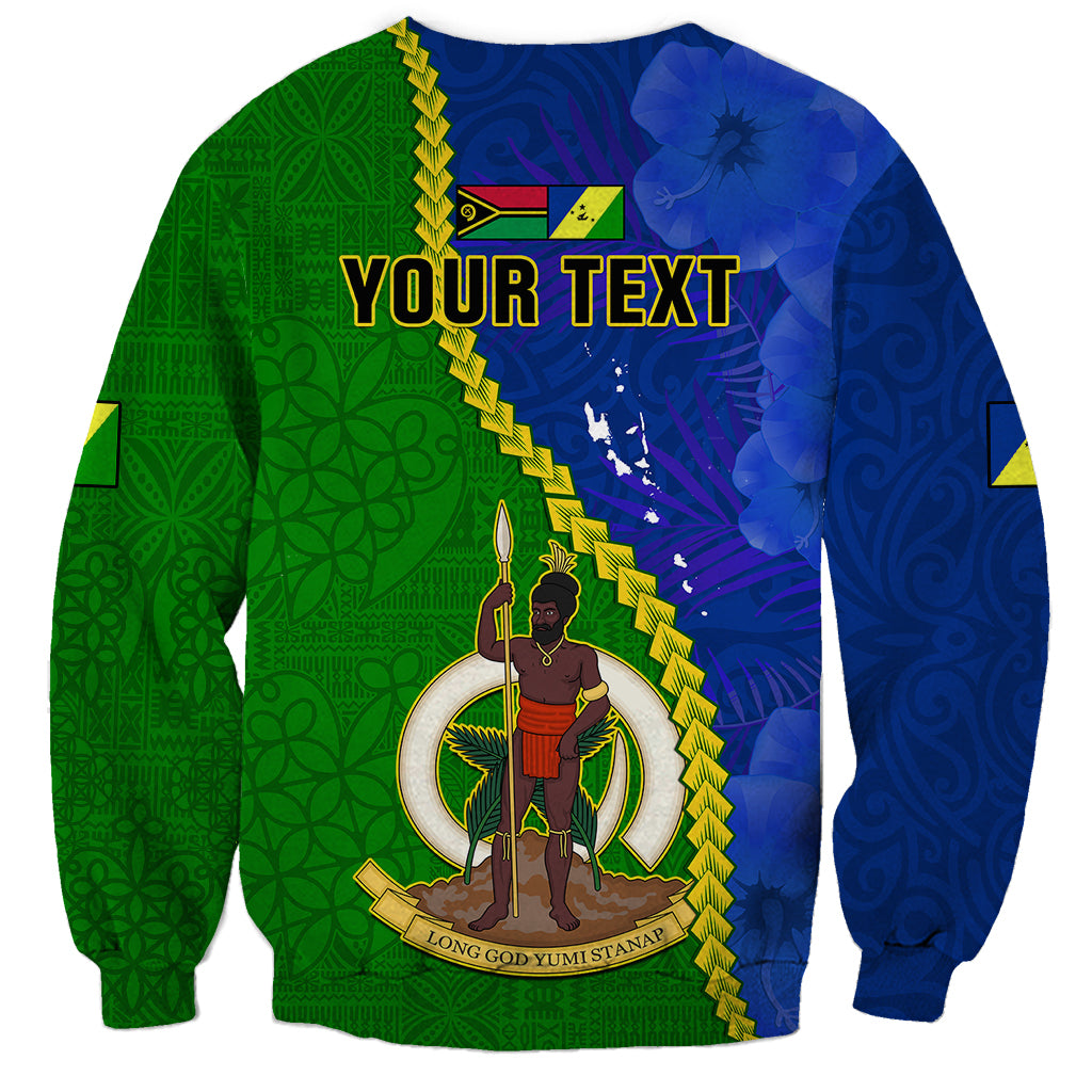 Unisex sweatshirt, green and blue with 'YOUR TEXT' and central island figure graphic