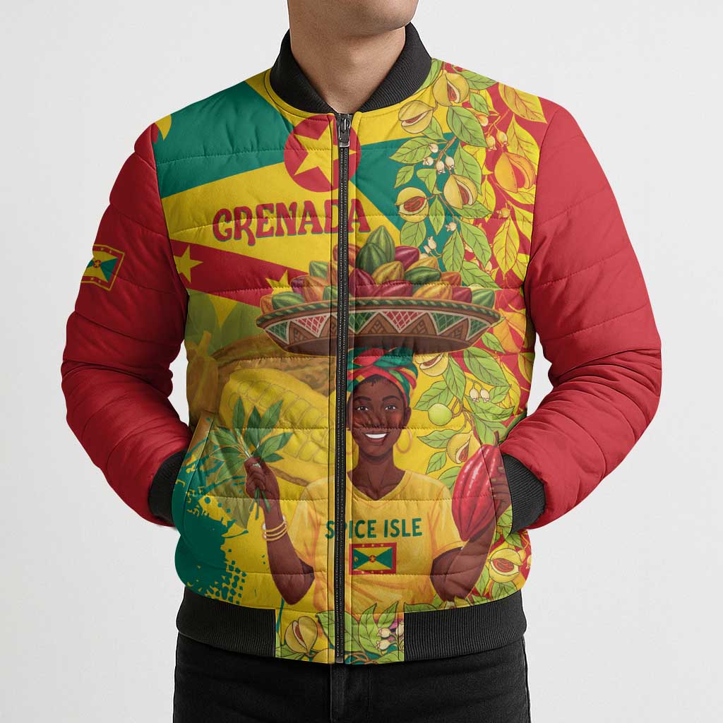 Personalized Grenada Spicemas 2025 Bomber Puffer Jacket Spice Isle Nutmeg Cocoa Pod - Wonder Print Shop