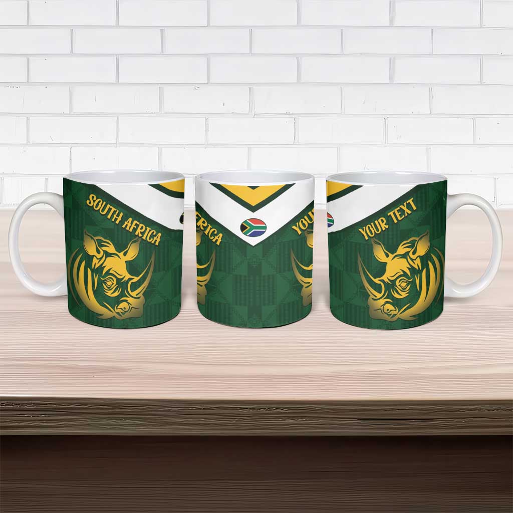 Set of three green ceramic mugs with gold rhino and “YOUR TEXT”