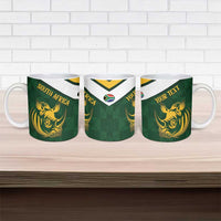 Set of three green ceramic mugs with gold rhino and “YOUR TEXT”
