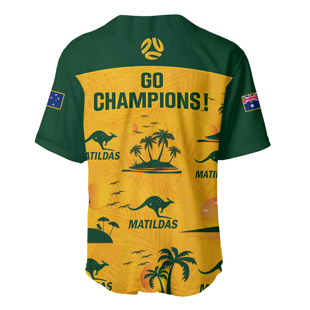 Green and yellow tropical soccer jersey with back print 'Go Champions!' and Matildas