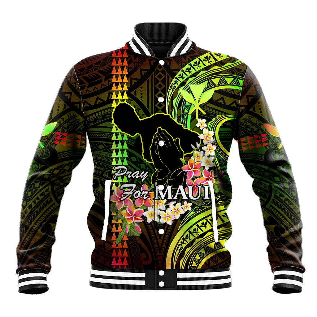 Unisex varsity baseball jacket, black with neon green/red Hawaiian graphic and striped collar
