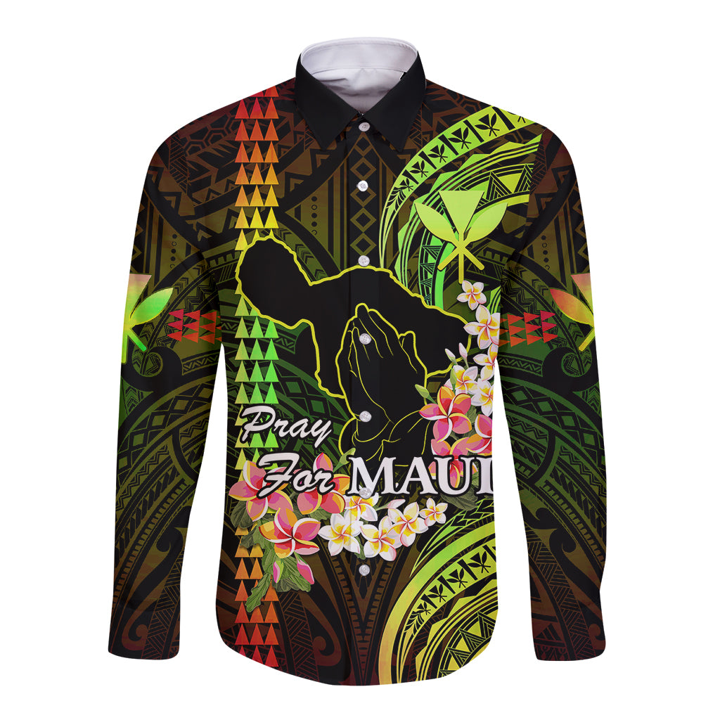 Long-sleeve button shirt with black, green, and red tribal pattern; floral plumeria art
