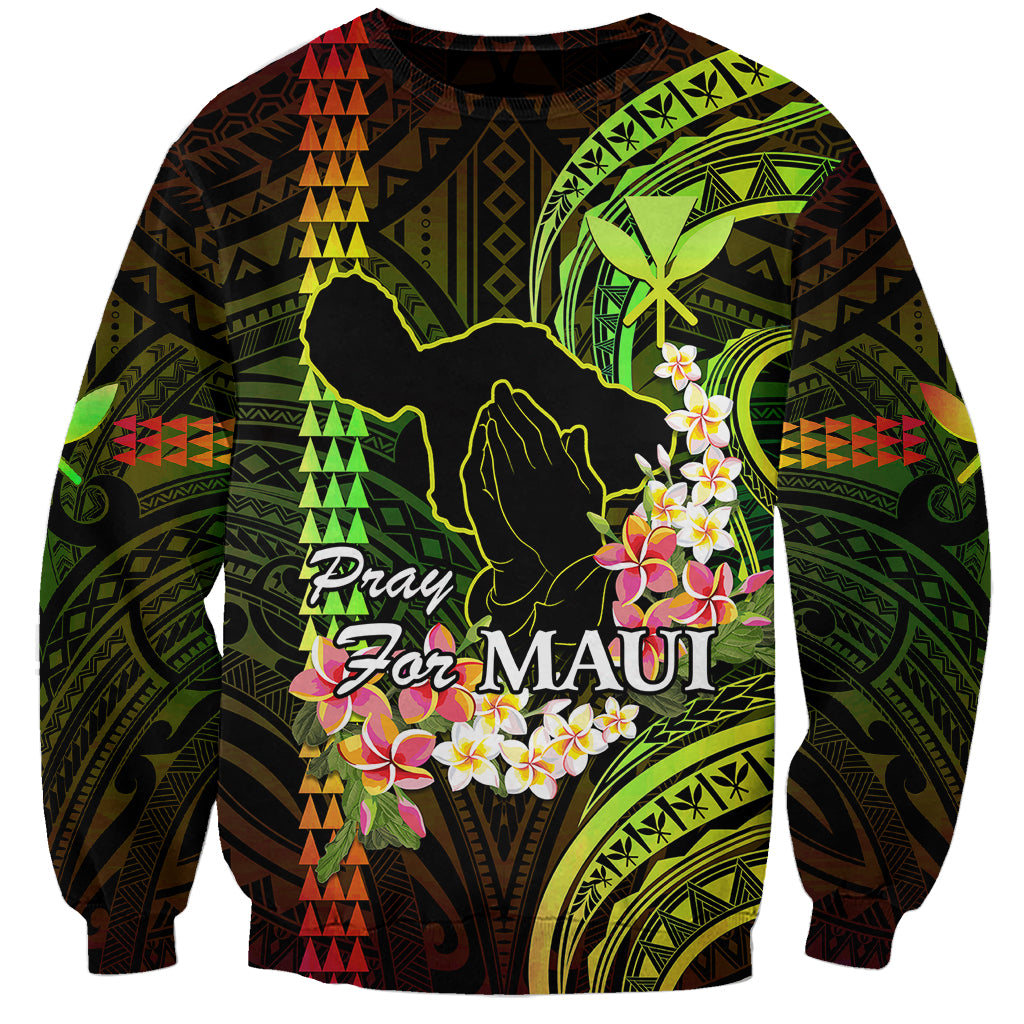 Unisex sweatshirt with dark tribal print, neon green, red, and 'Pray For Maui' graphic