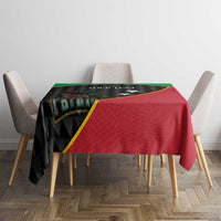 Cricket tablecloth on square table, red drape over black patterned border
